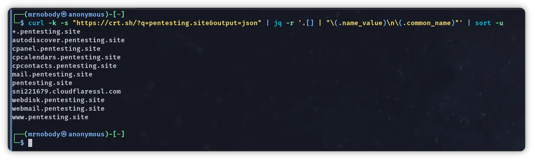 crt.sh subdomain results for pentesting.site