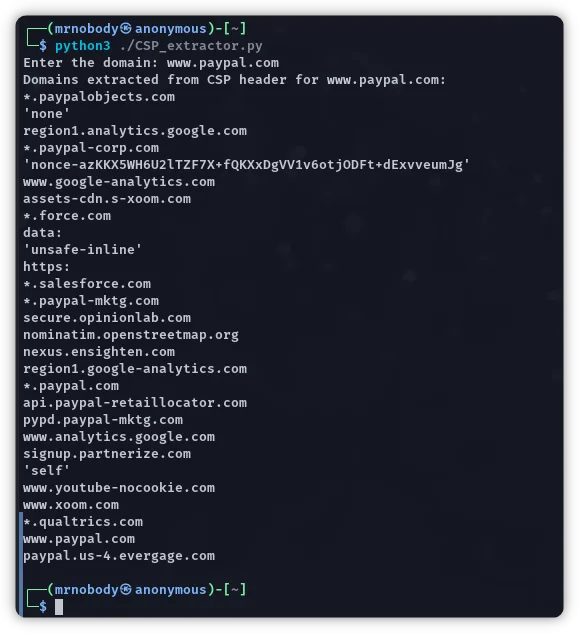 CSP header domain extraction script output for www.paypal.com