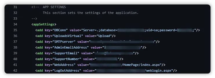 Example web.config file leaking SA account database credentials