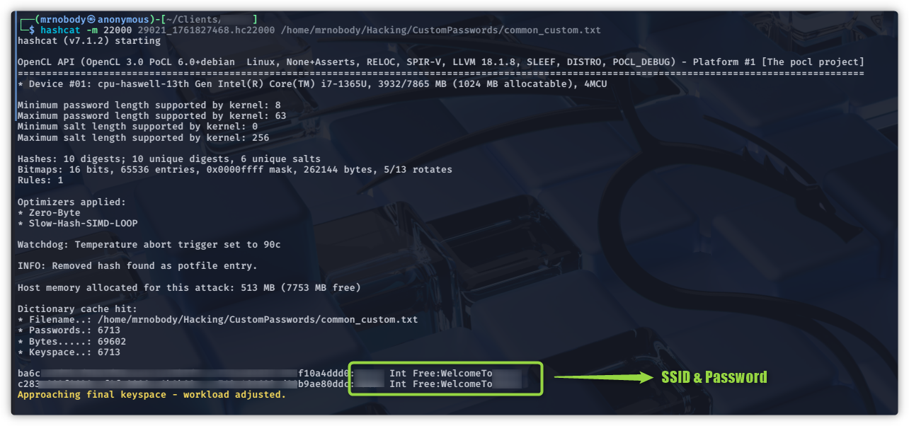 Hashcat successfully cracking the PMKID hash