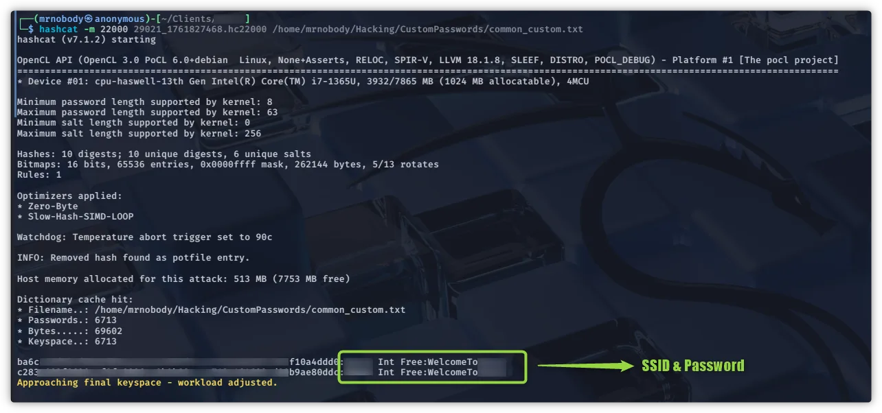 Hashcat successfully cracking the PMKID hash