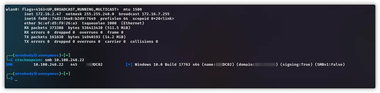 CrackMapExec reaching the internal Domain Controllers from the guest Wi-Fi