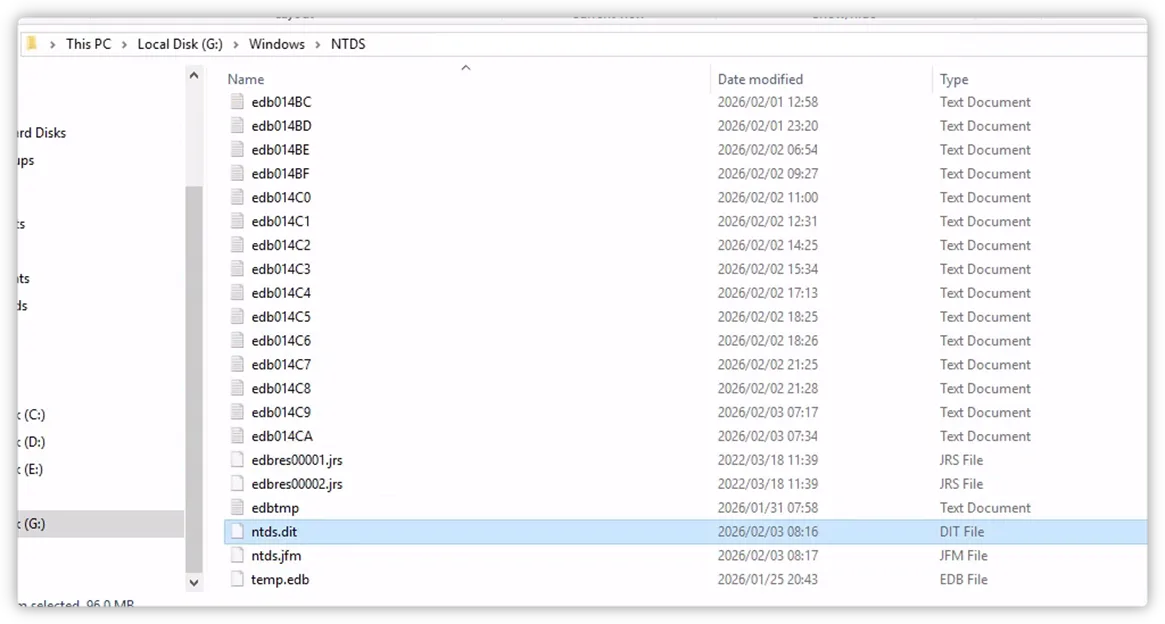 Mounting the domain controller's virtual disk in File Explorer to extract ntds.dit