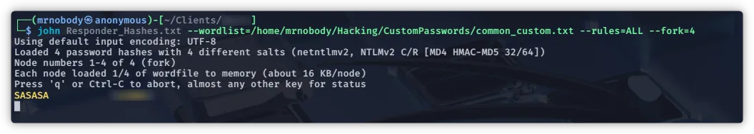John the Ripper cracking the captured Net-NTLMv2 hash